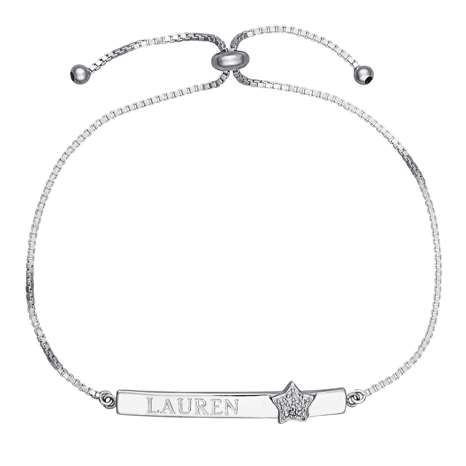 Sterling Silver Engravable Bar Adjustable Bracelet with Diamond Accent Star