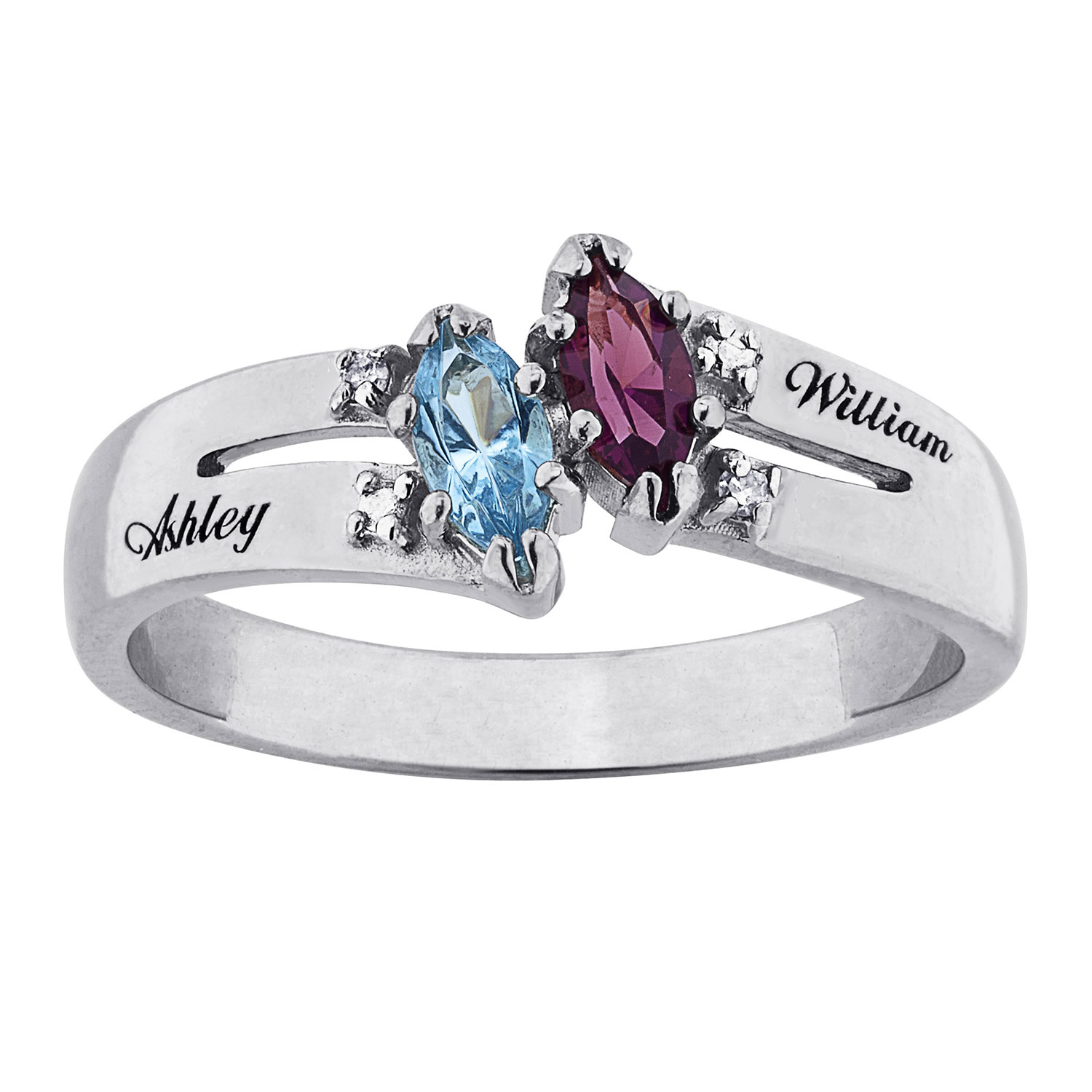 10K White Gold Couples Marquise Birthstone Name Ring with Diamond Accent