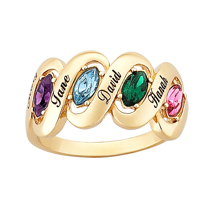18K Gold over Sterling Family Name & Marquise Birthstone Ribbon Ring