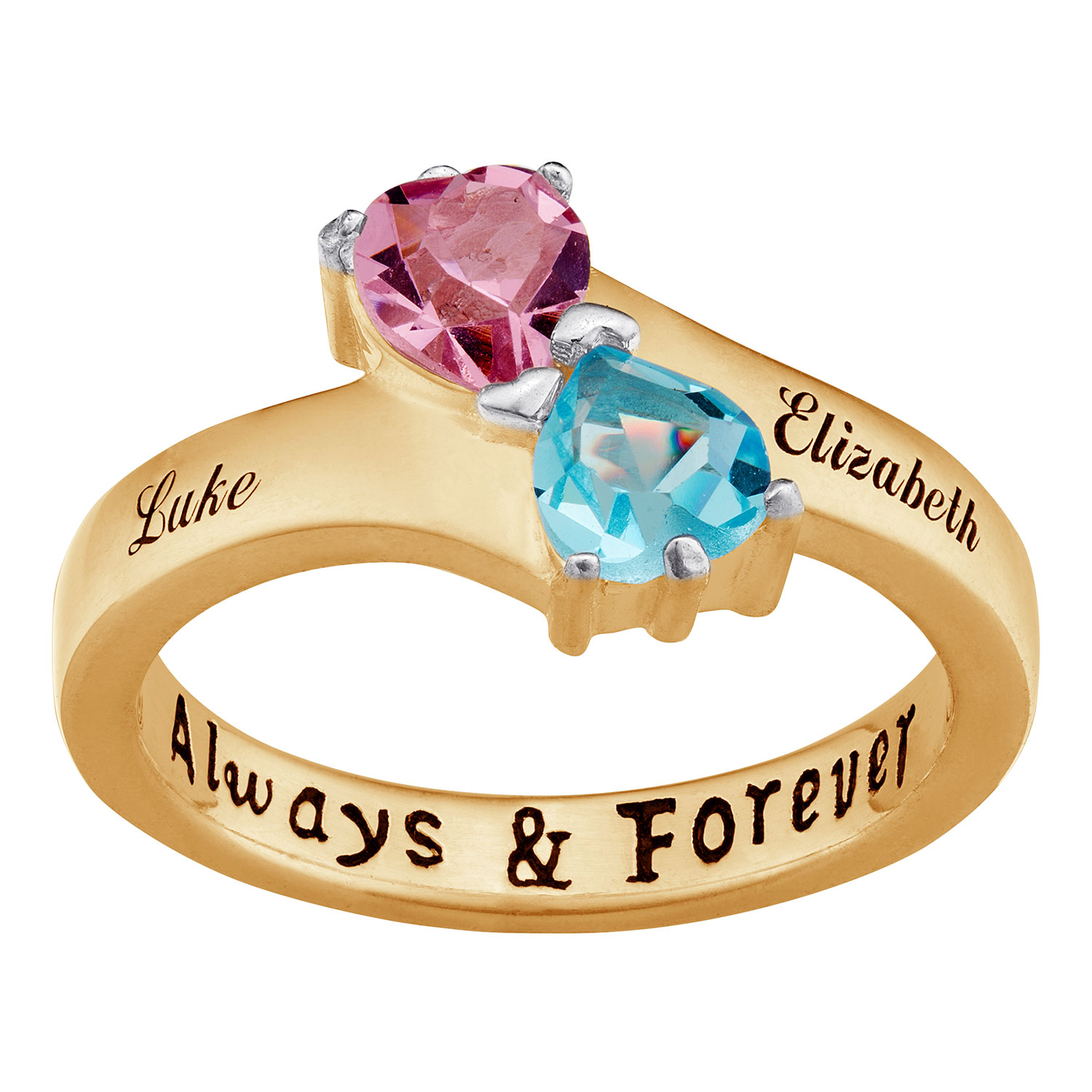 10K Gold Couple's Name & Birthstone Hearts Ring