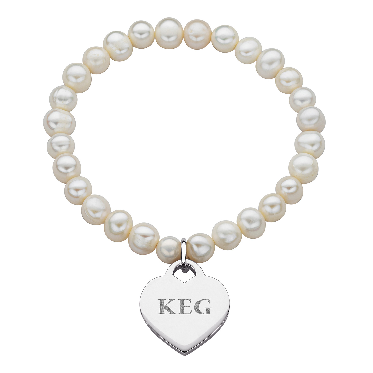 Fresh Water Pearl Stretch Bracelet with Engraved Initial Heart Charm