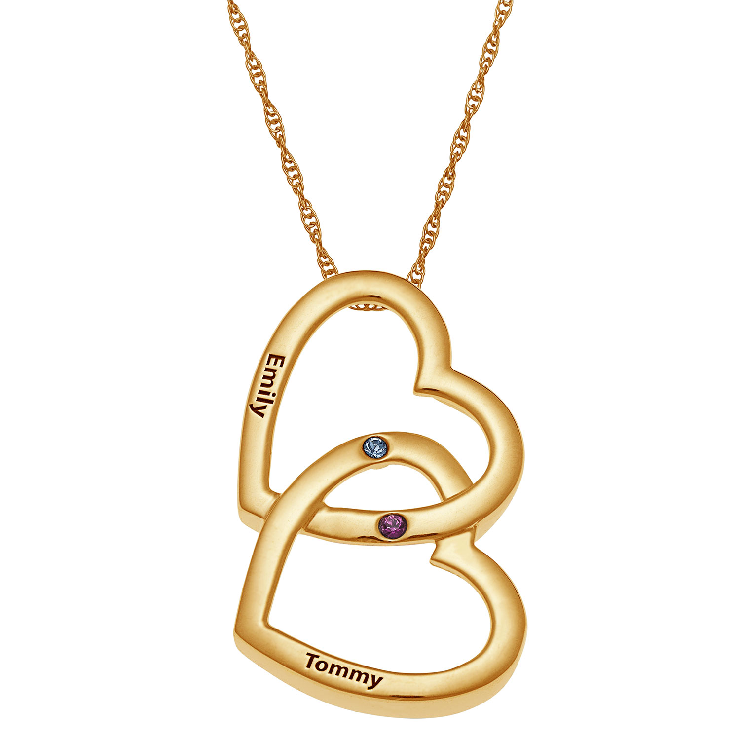 Gold over Sterling Couples Birthstone & Name Double Heart Necklace