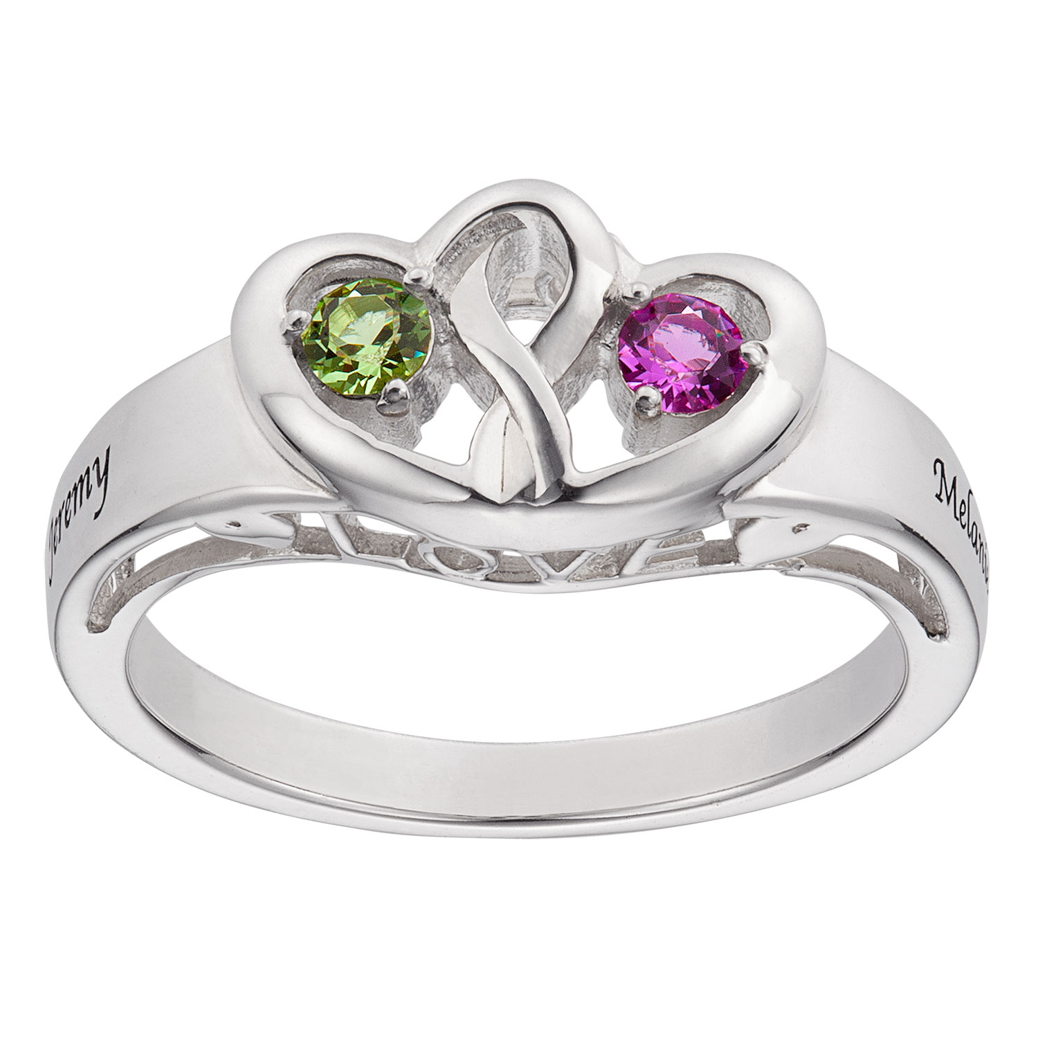 Sterling Silver Couples Engraved Birthstone Heart Ring