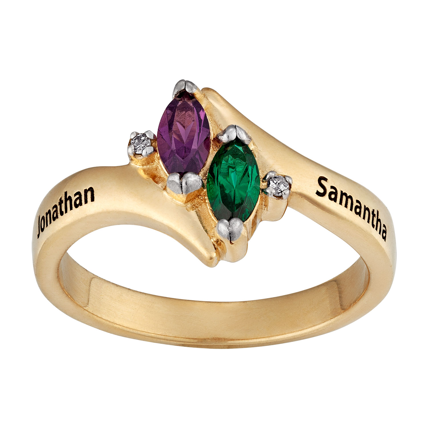 10K Gold Couples Marquise Birthstone & Name Ring with Diamond Accent