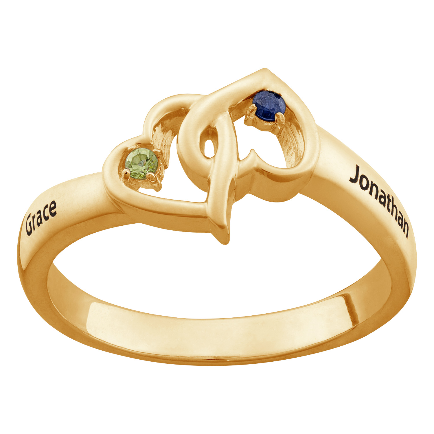 10K Gold Couples Double Heart Name and Birthstone Ring