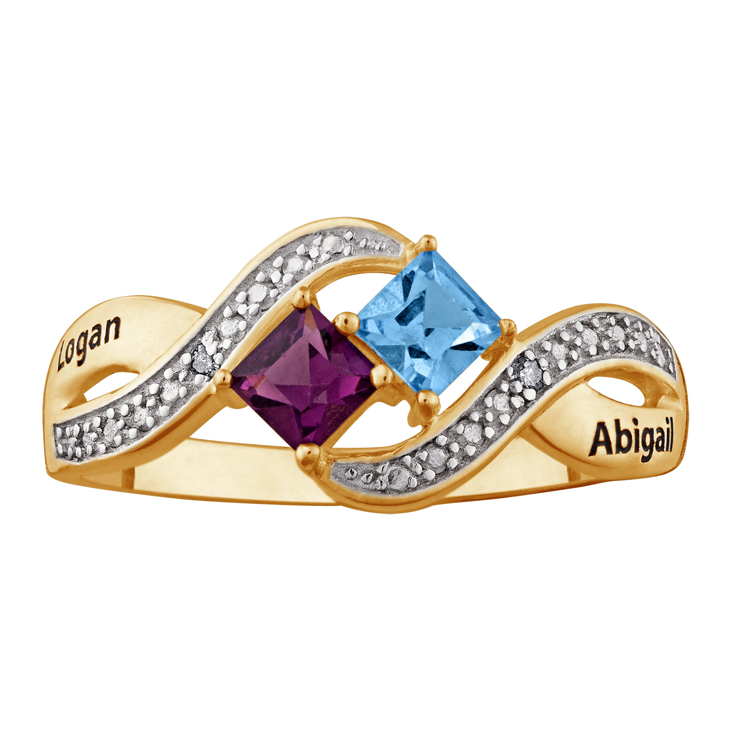 Couples 10K Gold Square Cut Name & Birthstone Ring with Diamond Accent