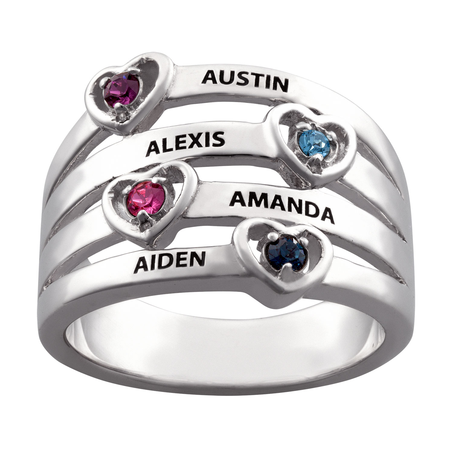  Sterling Silver Personalized Name & Heart Birthstone Stack Ring