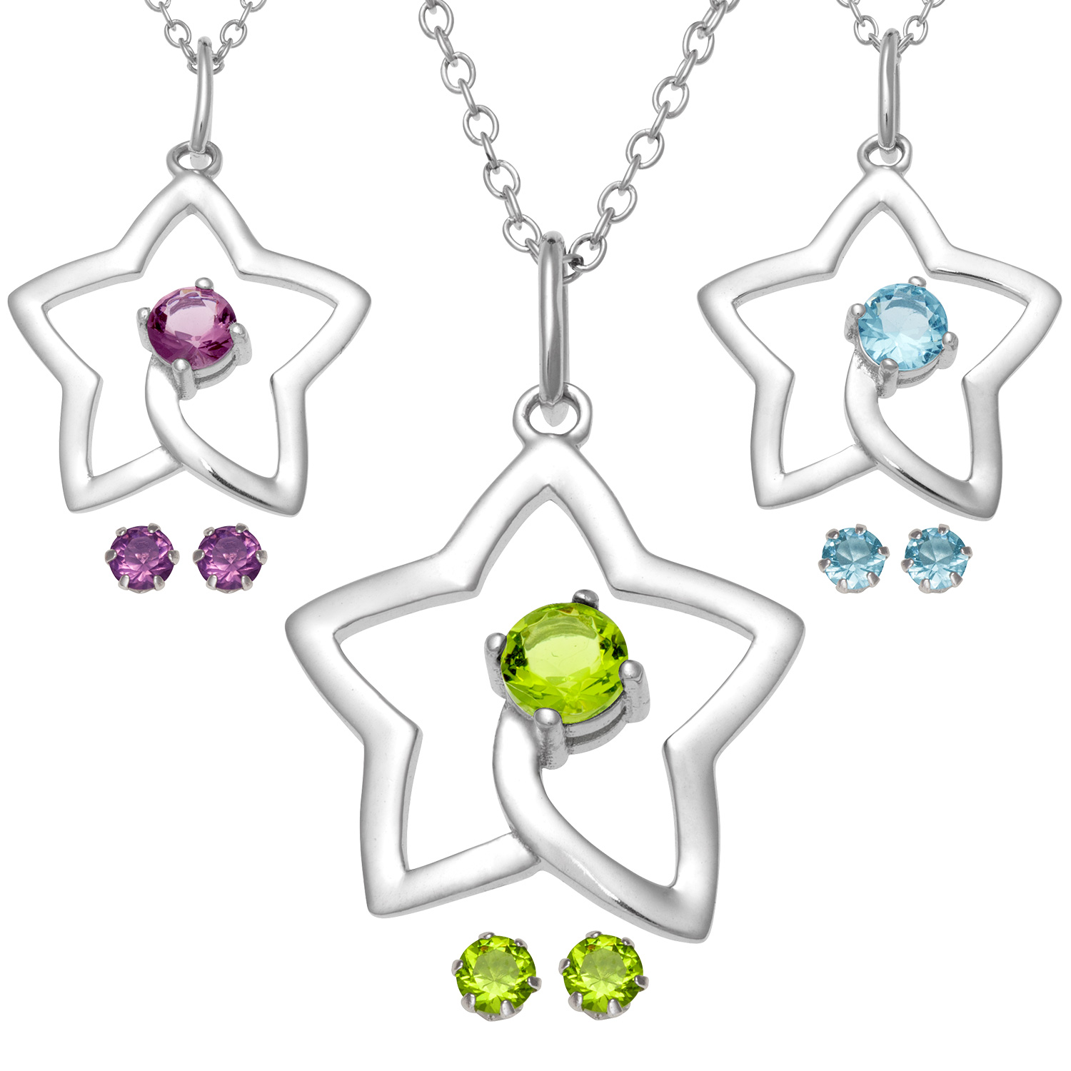 Sterling Silver Star Birthstone Necklace with Matching Earrings