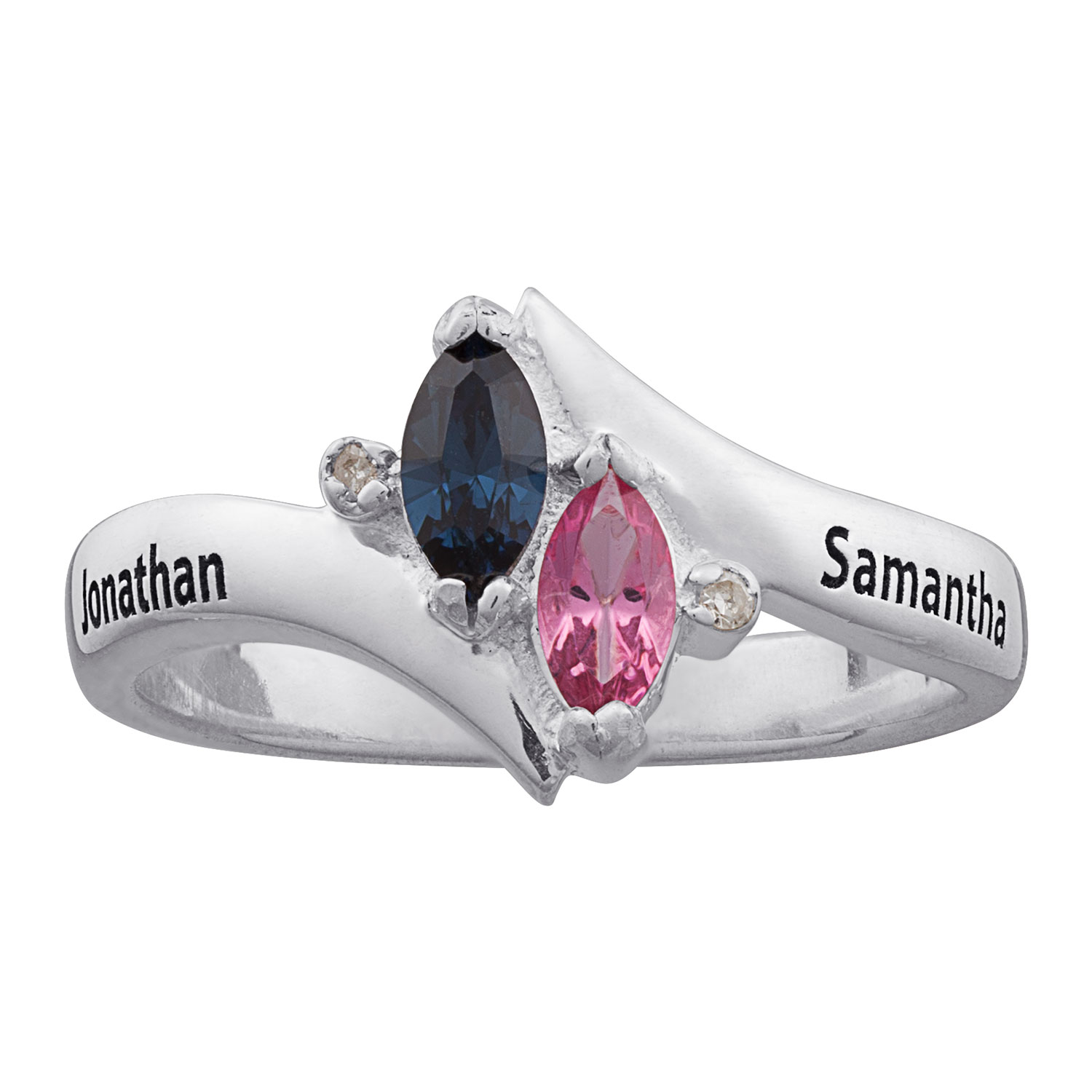 10K White Gold Couples Marquise Birthstone & Name Ring with Diamond Accent