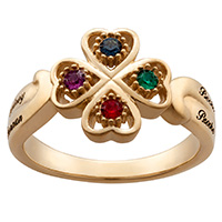 10K Yellow Gold Family 4 Leaf Clover Name & Birthstone Ring