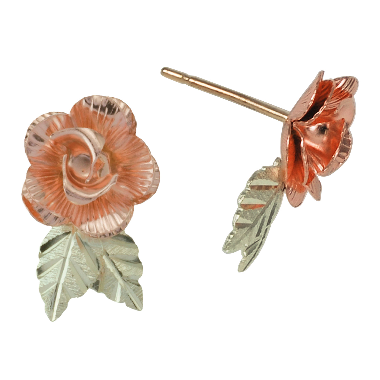 10K Black Hills Gold Rose Earrings with 12K Leaves